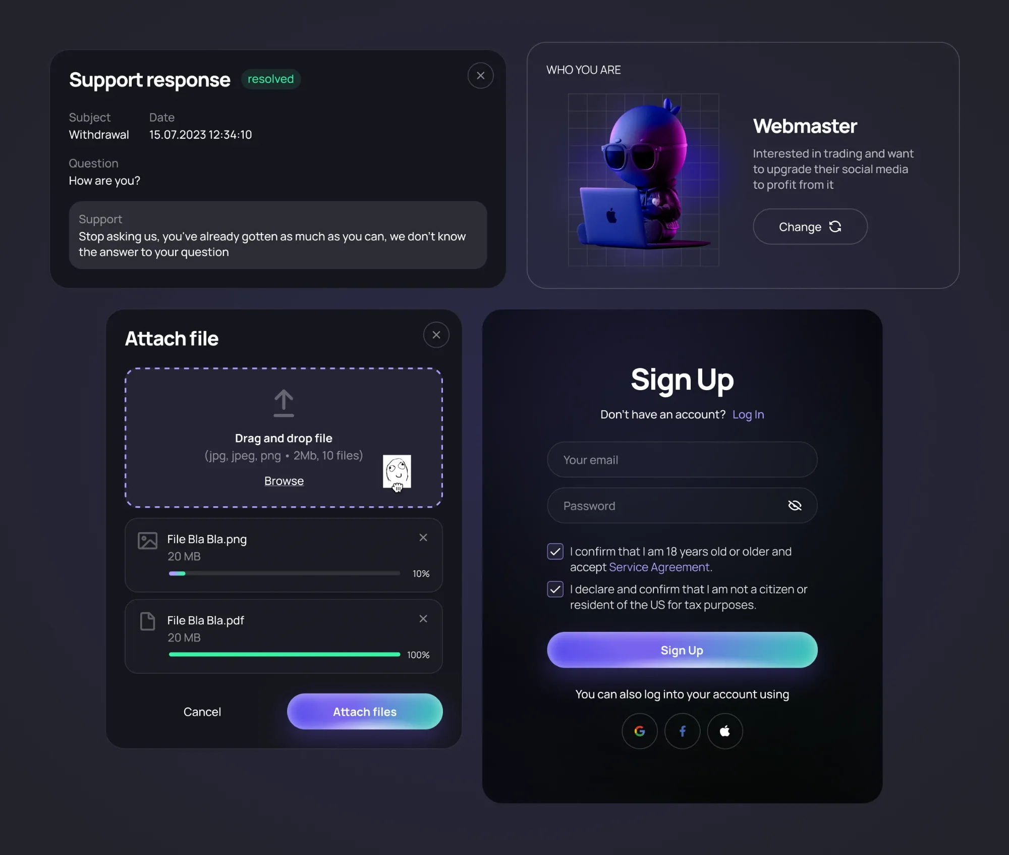 Торговая платформа: окна поддержки, загрузки файла и регистрации